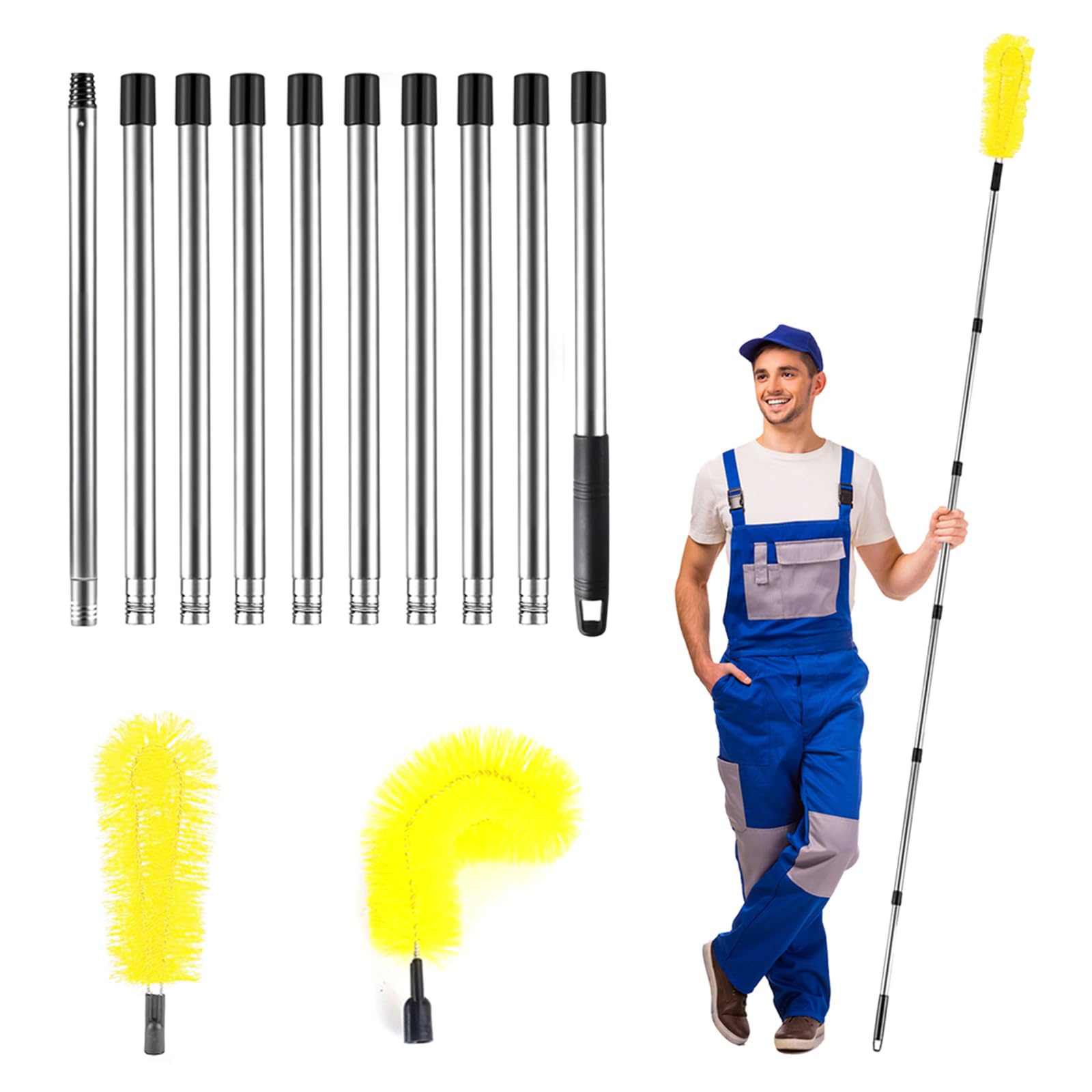 Gutter Cleaning Tools, 12.8Ft Telescopic Gutter Cleaner with 10 Extendable Poles, Portable Roof Gutter Cleaning Brush for Cleaning Leaves Debris Window Gutter