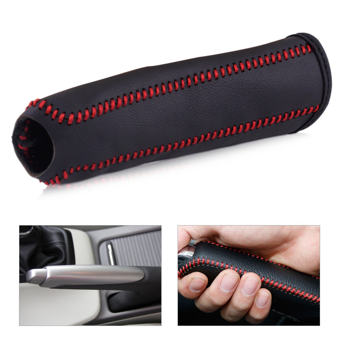 beler Black Leather Hand Brake Red Stitching Handbrake Decorative Cover Protective Sleeve