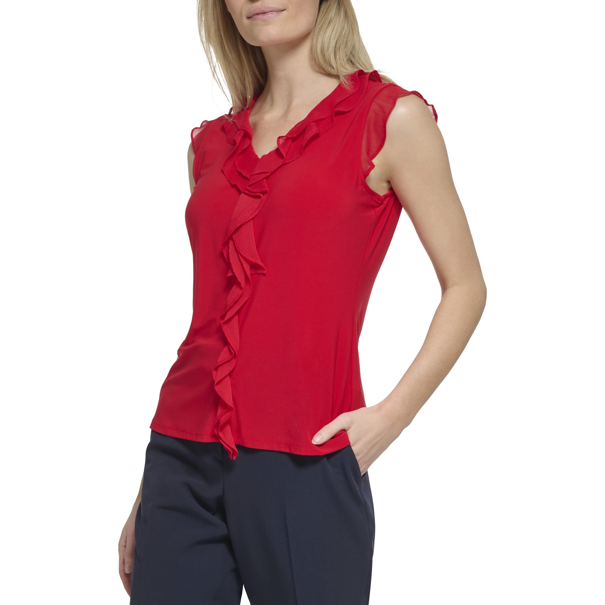 Tommy Hilfiger Women’s Sleeveless Mix Media Ruffle Blouse Scarlet L