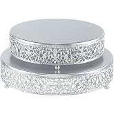 FEICTPOX Round Cake Stand Set of 2 Metal Cupcake Stands Dessert Display Plate for Wedding Party Birthday,Matte Silver