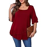 Beauhuty Womens Plus Size Tops Square Neck Tunic Double Ruffles Hem 3/4 Sleeve Shirt Casual Trendy Flow Loose Dressy Blouse