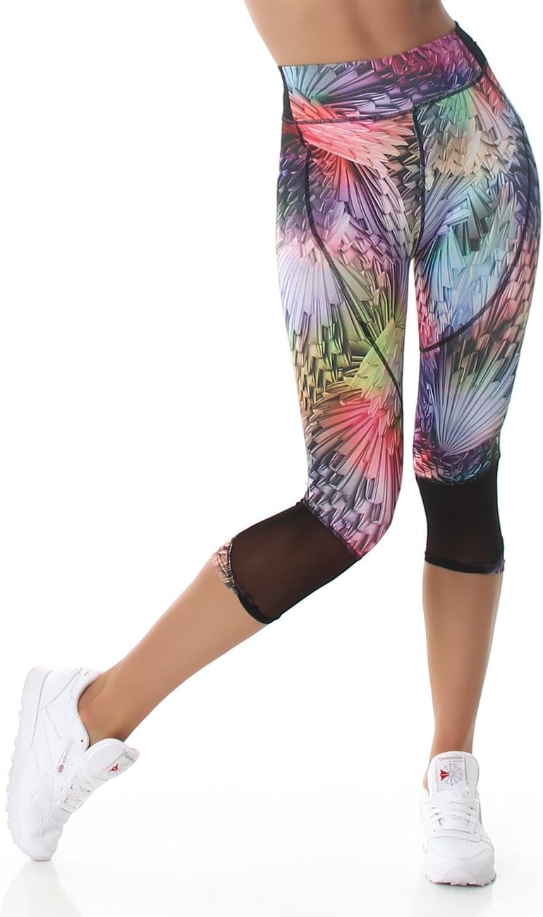 Sport Leggings Women's Capri Running Pants (knee 3/4 length, high-waist / high waist) Sport pants Jogging Leggings Summer trousers colorful patterned (M-L, Rainbow feathers)