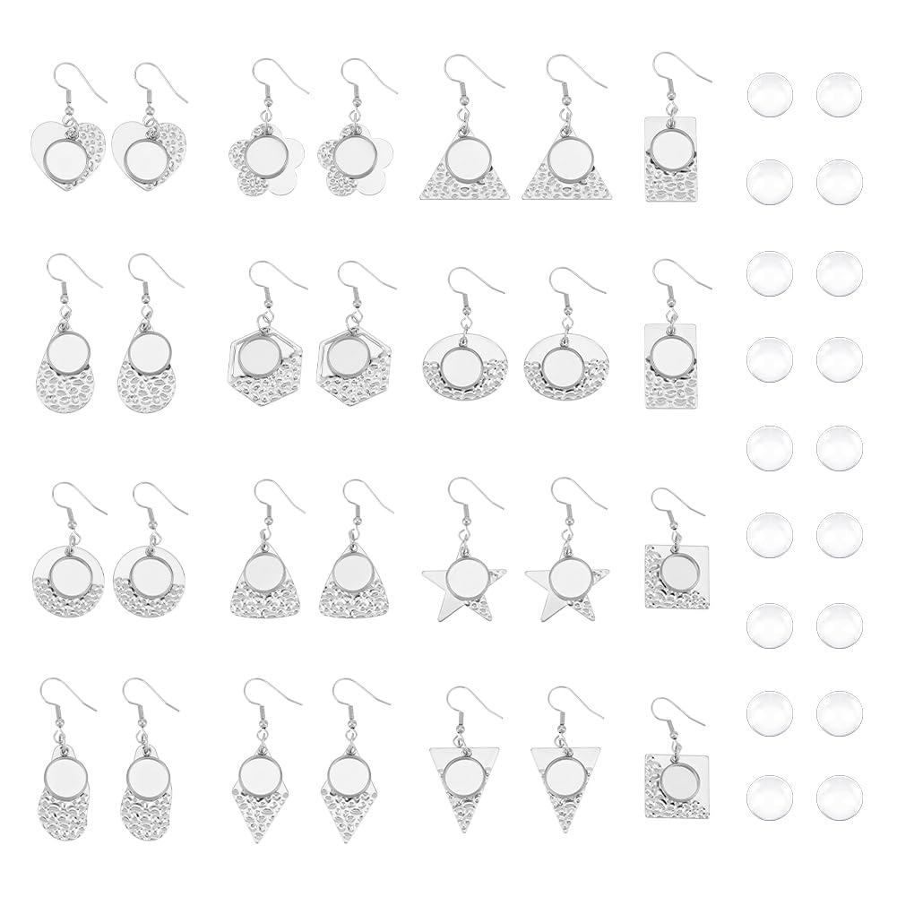 UNICRAFTALE 14 Pairs 4 Styles Blank Dome Dangle Earrings Stainless Steel Earring Bezel Trays Earrings Settings Wire Hooks Trays with Glass Cabochon Setting for Jewelry Making