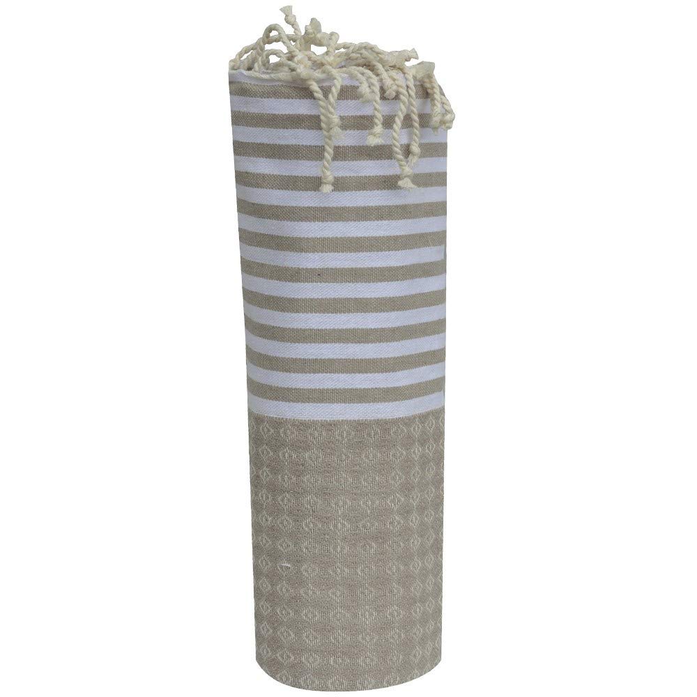 LES POULETTES BIJOUX - Cotton Towel Fouta Hammam or Beach Jacquard Beige Color White Stripes 100 x 200cm
