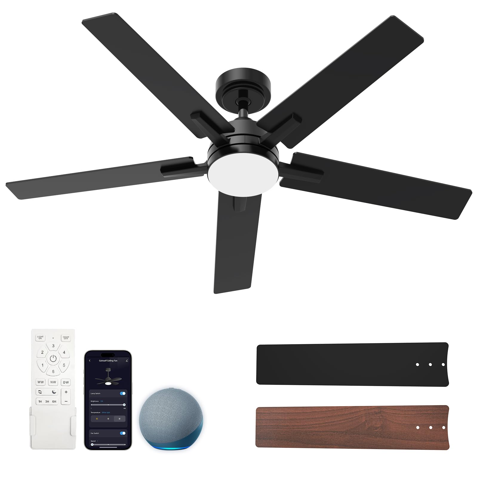 Photo 1 of Geinself 52 Inch Ceiling Fans with Lights, Black Smart Ceiling Fan Compatible with Alexa, LED Fan with Remote and 5 Two-Sided Blades, High CFM Ultra Quiet Large Fan for Bedroom, Living Room