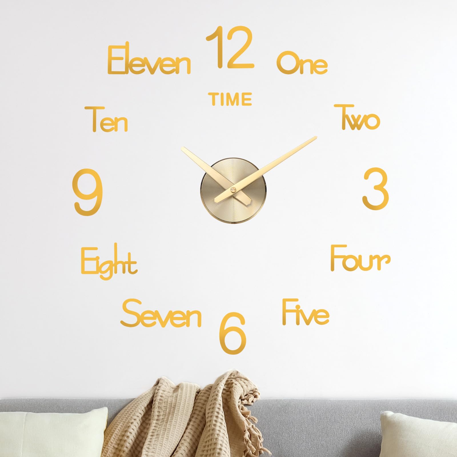 M METERXITY 1-Pack 3D DIY Wall Clock,28 Inch Modern Frameless Silent Clock Decor with Number Sticker for Living Room/Office/Home/Surface Wall Decor [Gold]