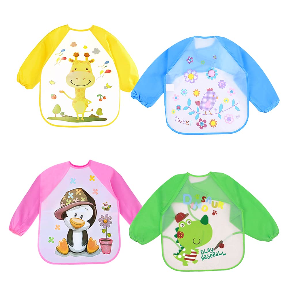 Baby Bib with Sleeves, XiXiRan 4 Pcs Baby Apron Bibs, Sleeves Bibs, Feeding Bibs for Babies, Baby Aprons Bib, Unisex Waterproof Bib, Long Sleeve Bibs Waterproof, for Infant Toddler 6-36 Months