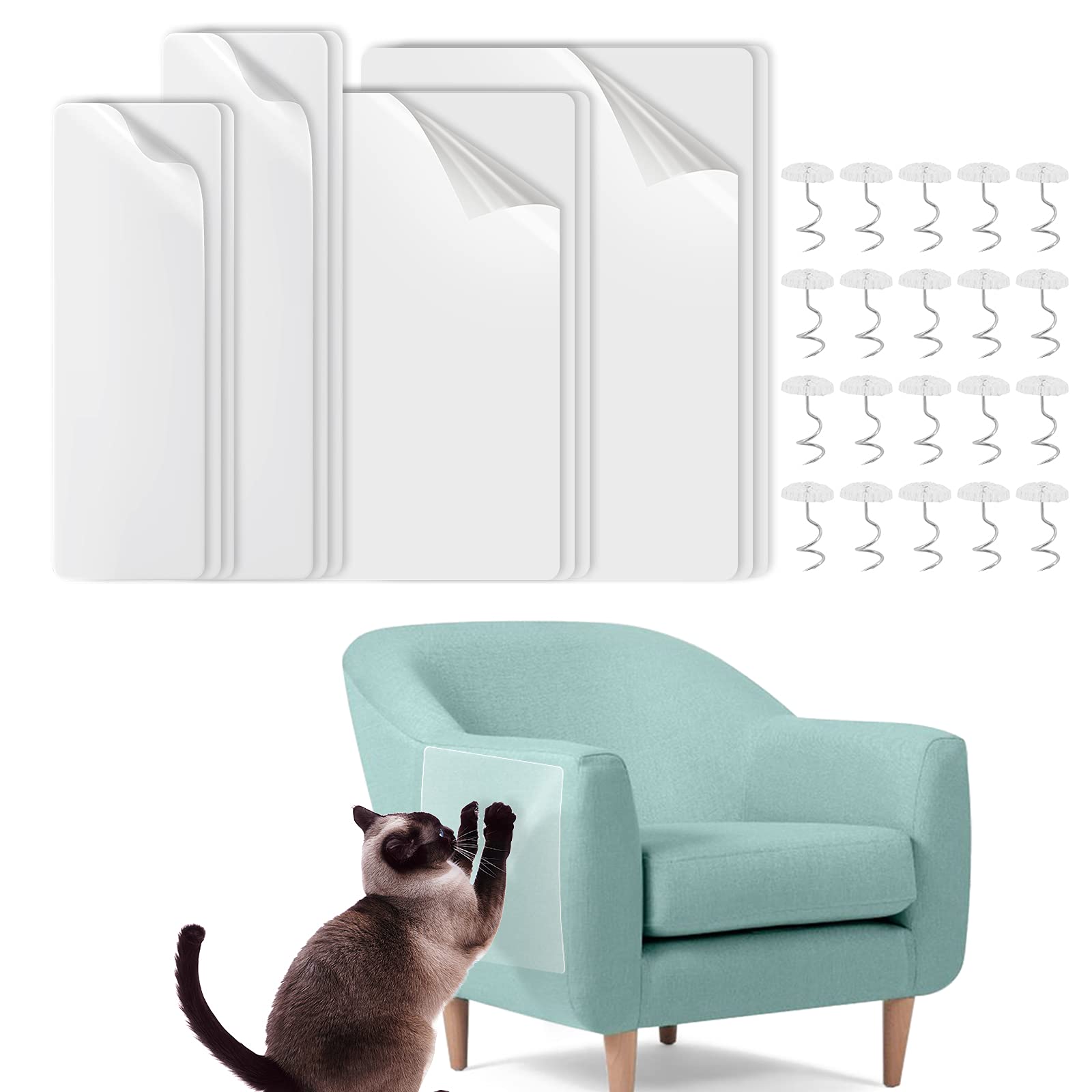 JJoexyfit 12 Pcs Cat Furniture Couch Protector, Self-adhesie Cat Scratch Protector with 30 Spiral Nails for Protecting Upholstered Furniture Sofa