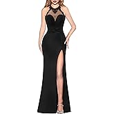VFSHOW Womens Formal Illusion Halter Keyhole Back Prom High Slit Maxi Dress Wedding Guest Applique Twist Front Evening Gown