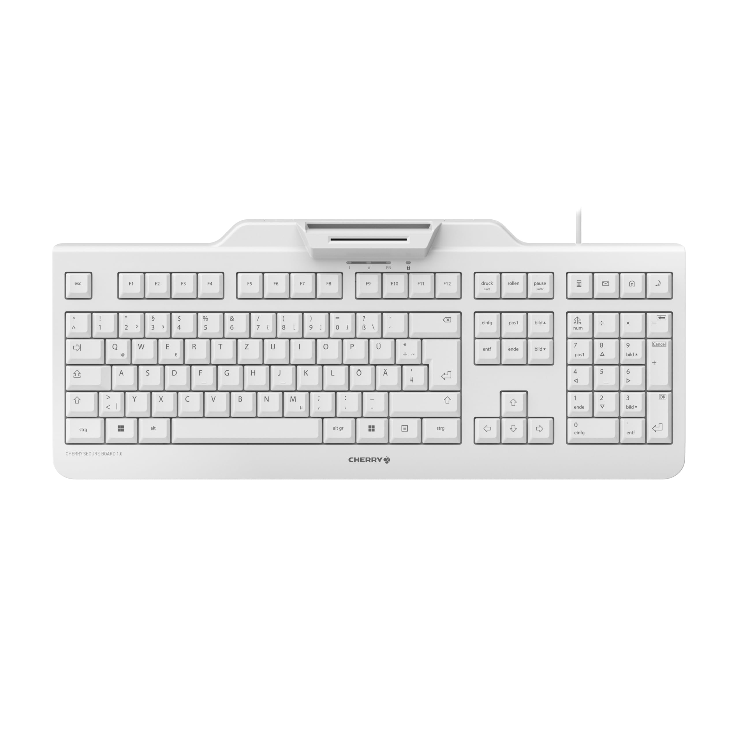 CHERRY SECURE BOARD 1.0, Wired Security Keyboard with Card Reader and RFID/NFC Interface, German Layout (QWERTZ), USB-A Port, White-Grey