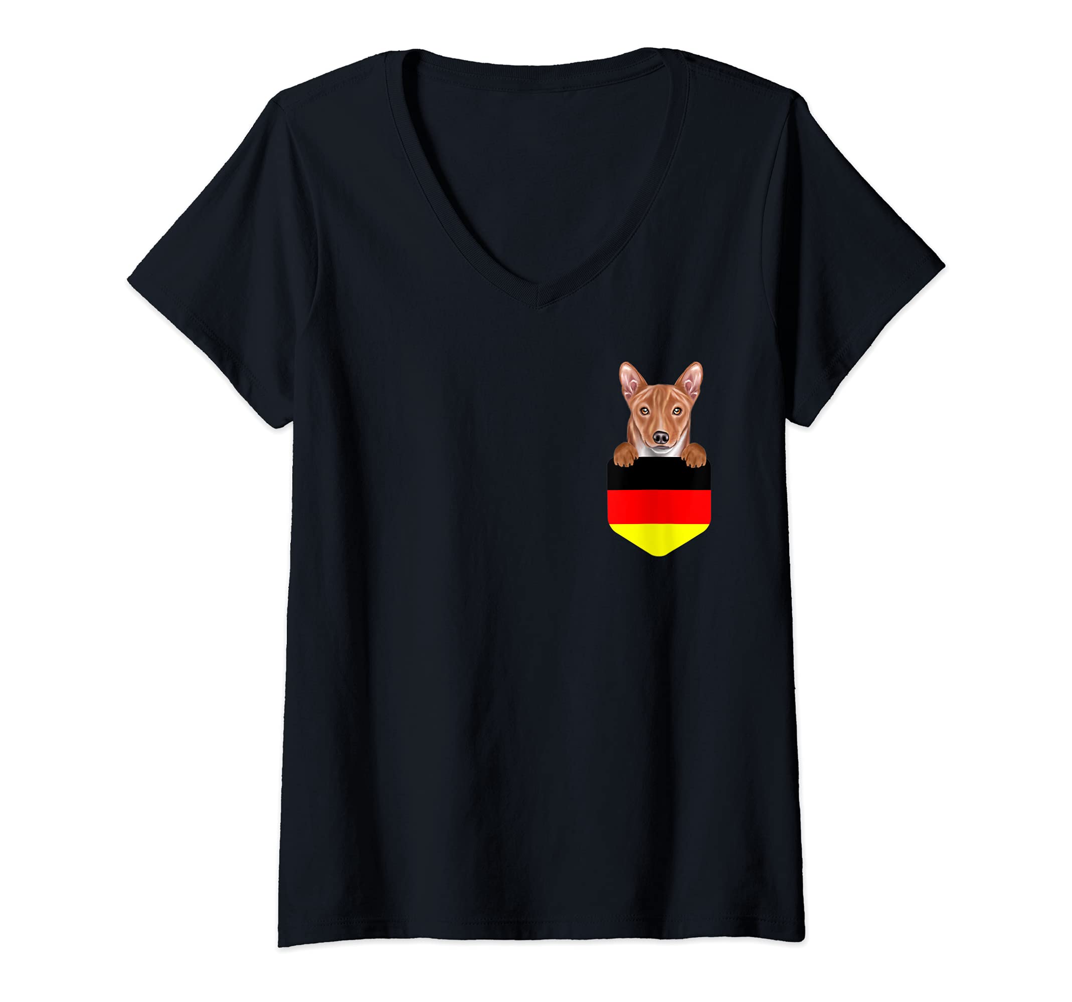Womens Germany Flag Basenji Dog In Pocket V-Neck T-Shirt