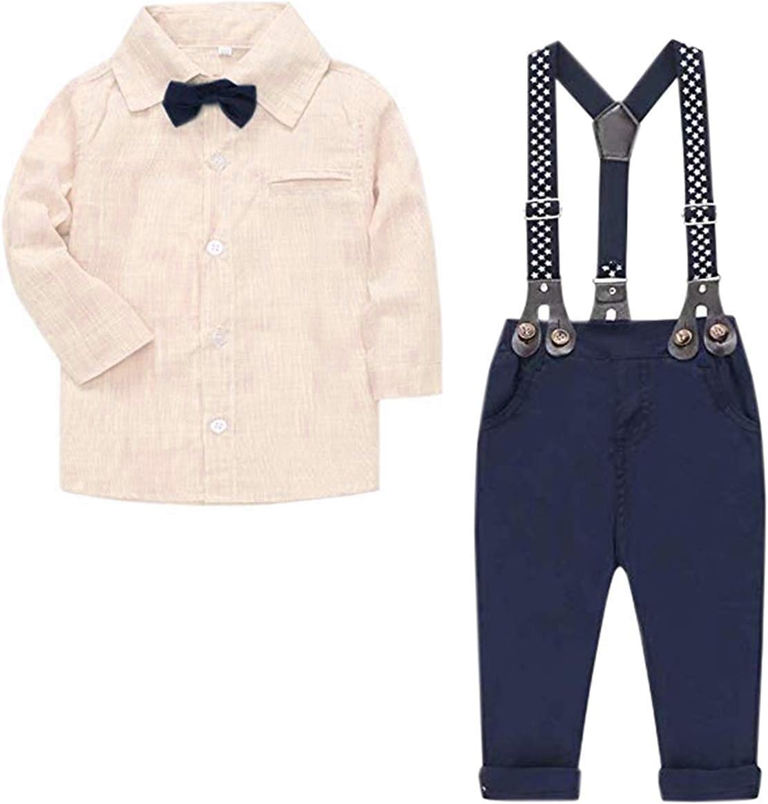 Baby Boys Clothes, Long Sleeves Button Down Dress Shirt and Suspender Pants Set Tuxedo Gentlemen Outfit with Bow Tie for Newborn Toddlers Baby Boys, S01 Yellow, Tag 80 = 12-18 Months