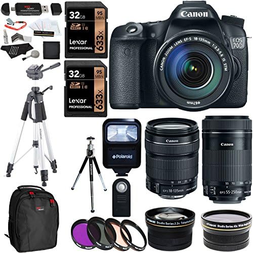 Canon EOS 70D Digital SLR Camera + 18-135mm IS STM Lens + EF-S 55-250mm Image Stabilizer Zoom + Polaroid .43x Wide Angle &amp; 2.2X Telephoto Lens + 64GB Storage + Polaroid 72" Tripod + Accessory Bundle