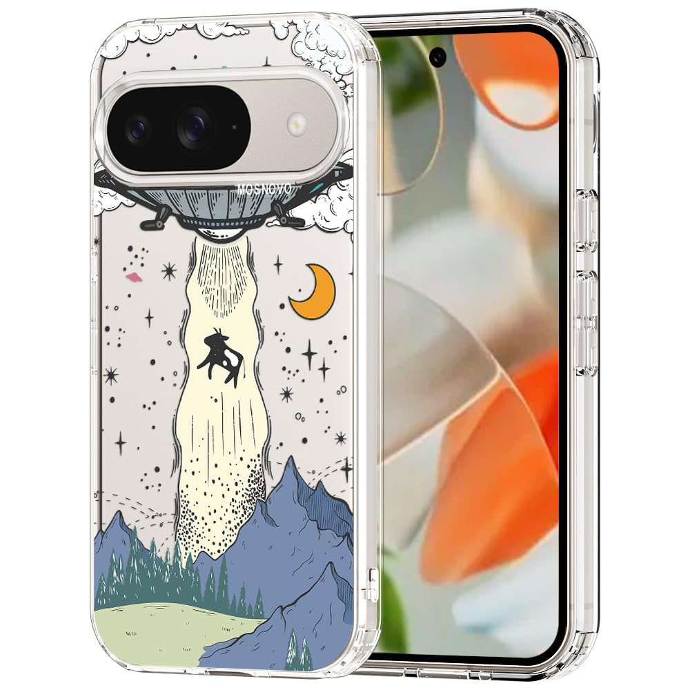 MOSNOVO Case for Google Pixel 9 & Pixel 9 Pro, [Buffertech 6.6ft Military-Grade Drop Protection] [Anti Peel Off Tech] Clear TPU Bumper Phone Case Cover Design - UFO