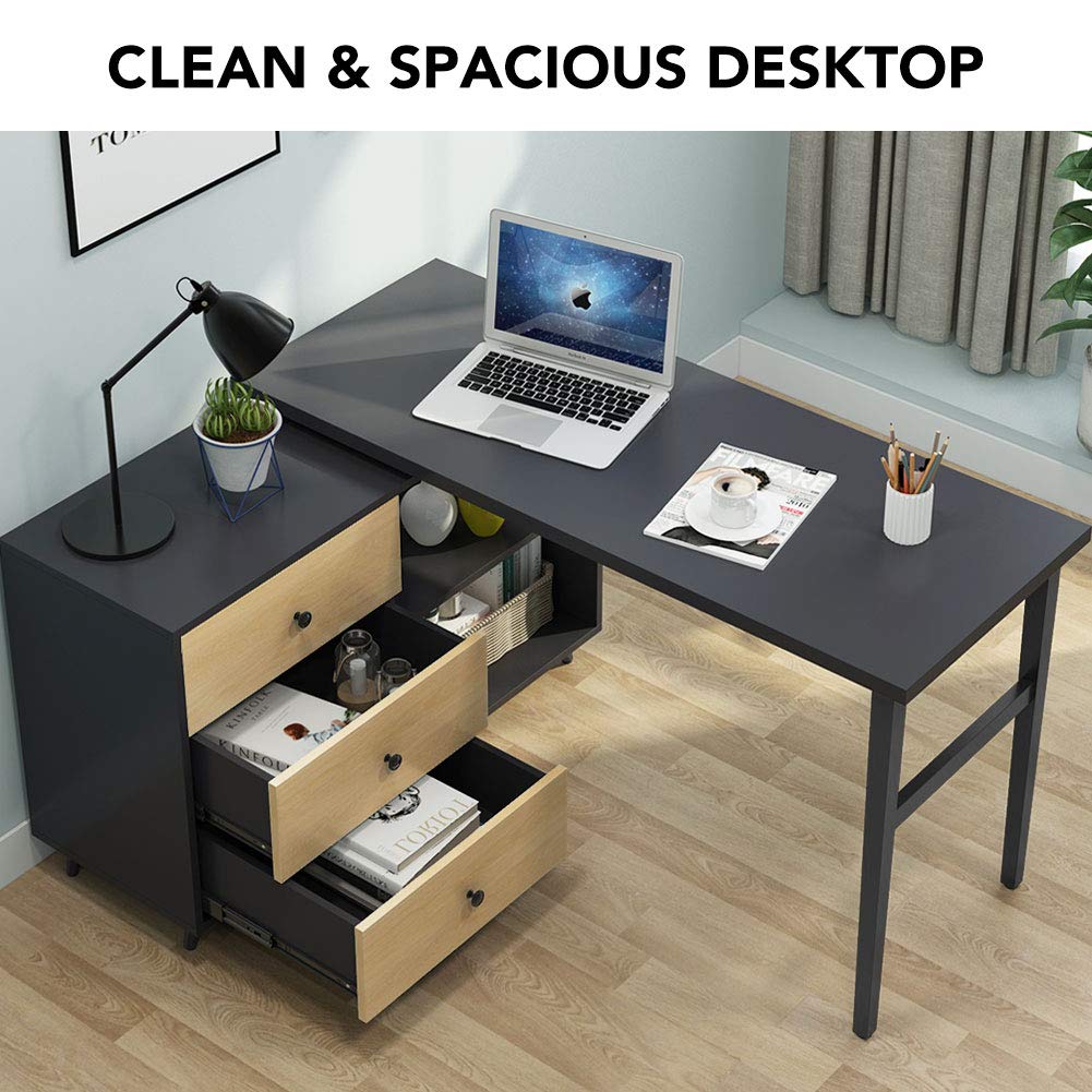 Tribesigns Rotating L Shaped Computer Desk, 55” Corner Desk With 3Drawers And Storage Shelves