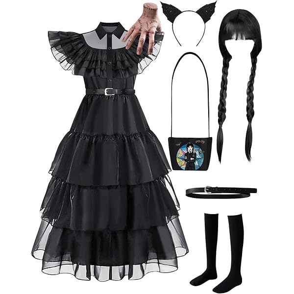 Amazon.com: EOILFM Halloween Wednesday Addams Family Dress Costume Cosplay  Girls Black Gothic Dress Up Outfit with Belt Party Show for Kids : Clothing,  Shoes & Jewelry