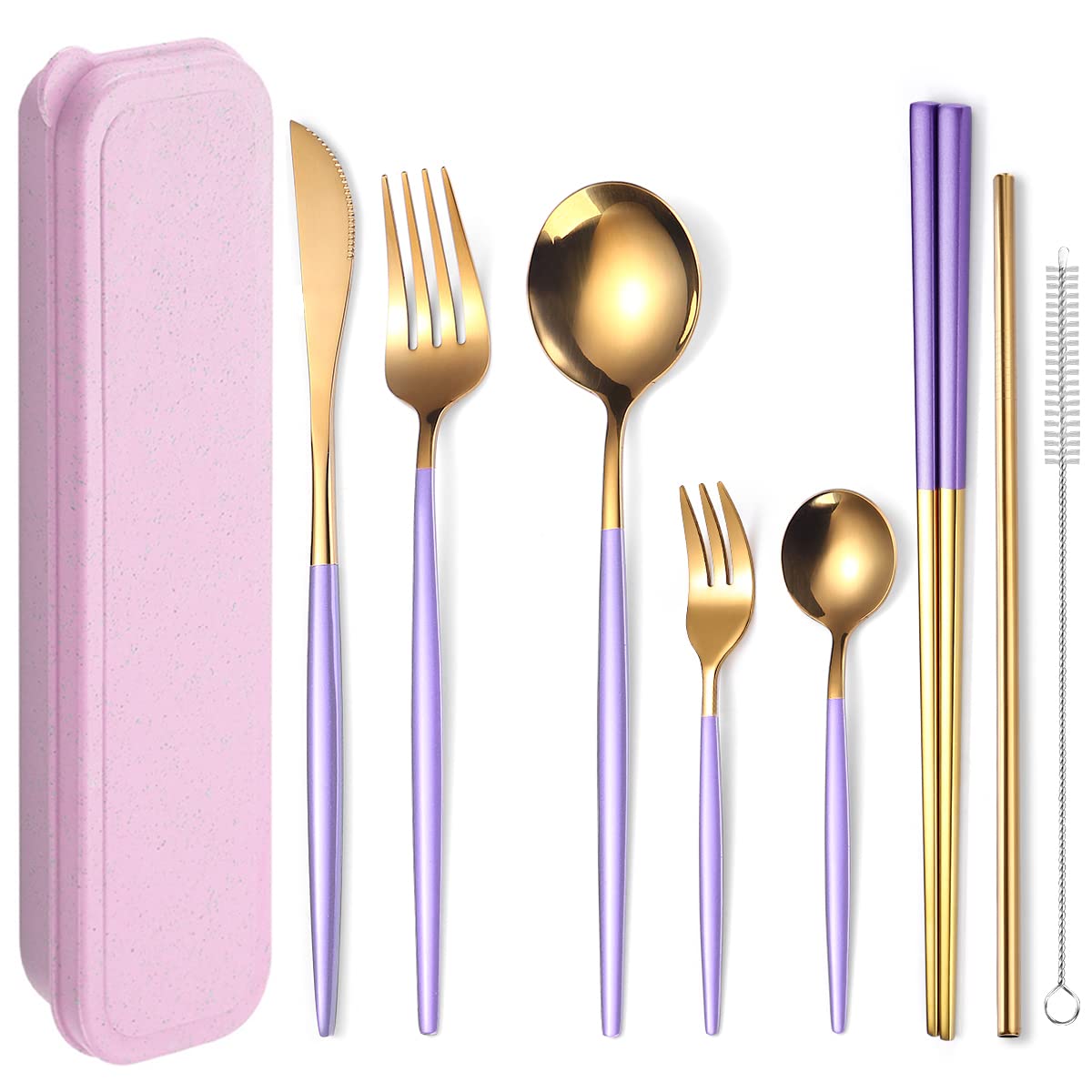 Photo 1 of AARAINBOW 8 Pieces Stainless Steel Flatware Set Portable Reusable Cutlery Set Travel Utensils Set Including Chopsticks Knife Fork Spoon Straws Cleaning Brush Dishwasher Safe (Purple Golden)