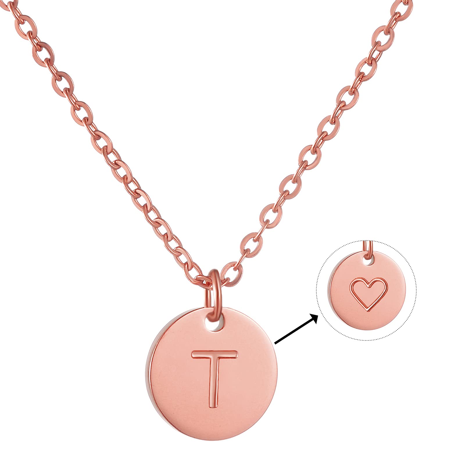 AFSTALR Initial Letter Necklace for Women Round Pendant with T Heart Necklace Personalized Birthday Jewellery Gifts RoseGold
