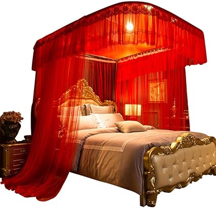 Amazon 引き込み式のベッドキャノピー 赤の暗号化糸蚊帳ベッドキャノピーウェディングu字型ベッドカーテンラージベッドレッドqueen2 Dbwin 蚊帳