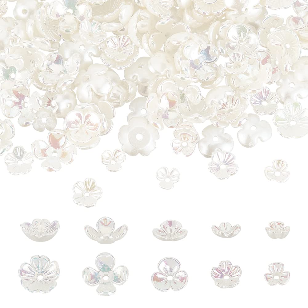 NBEADS About 300 Pcs Flower Bead Caps, Opaque ABS Plastic Imitation Pearl Flower Beads 5 Styles White Flower Imitation Pearl Bead Caps Floral End Caps for DIY Necklace Earrings Jewelry Making
