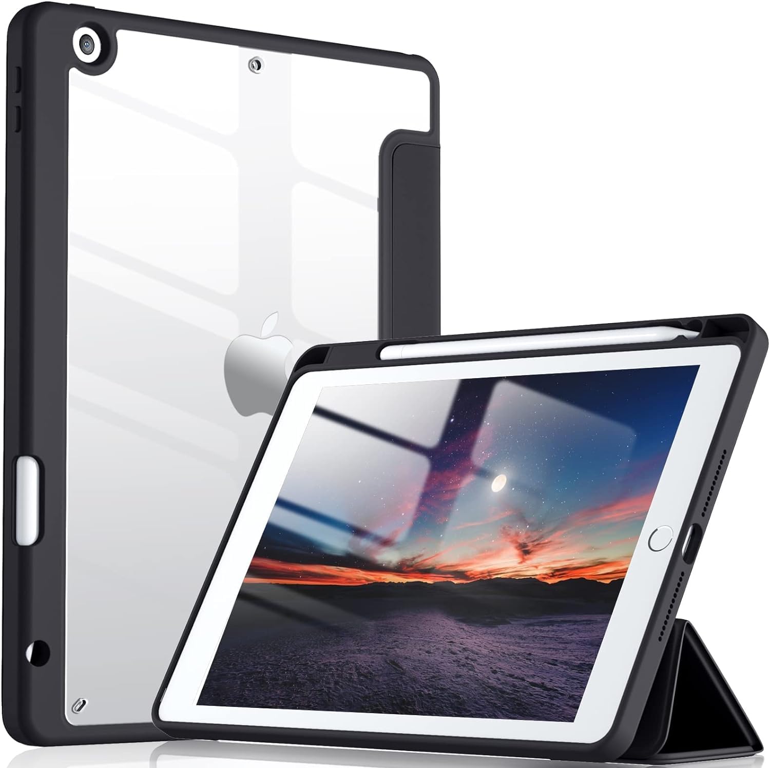 Smart Case For iPad 10.2" 9th/8th/7th Generation 2021/2020/2019 with Auto Wake/Sleep Shockproof Transparent Back Shell tablet cover (Black)