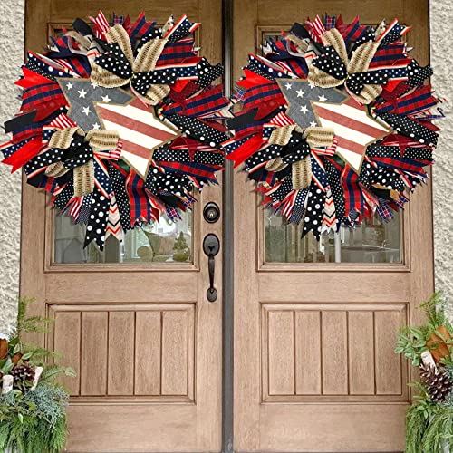 20'' Red White and Blue Wreaths for Front Door,4th of July Wreath Decorations,Patriotic Wreaths Wall Hanging Outdoor Decor,Porch Fence Decorations Hanging Gift for Memorial Day (Red)