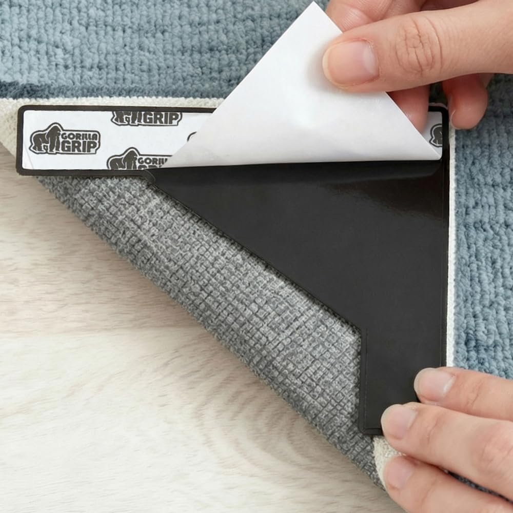 GORILLA GRIP® 12 Pack Extra Wide Dual Sided Rug Gripper Pads, Holds Carpet in Place on Hardwood Floors and Tile, Removable Reusable Sticky Corner Grippers, Universal Fit Floor Pad for Under Area Rugs
