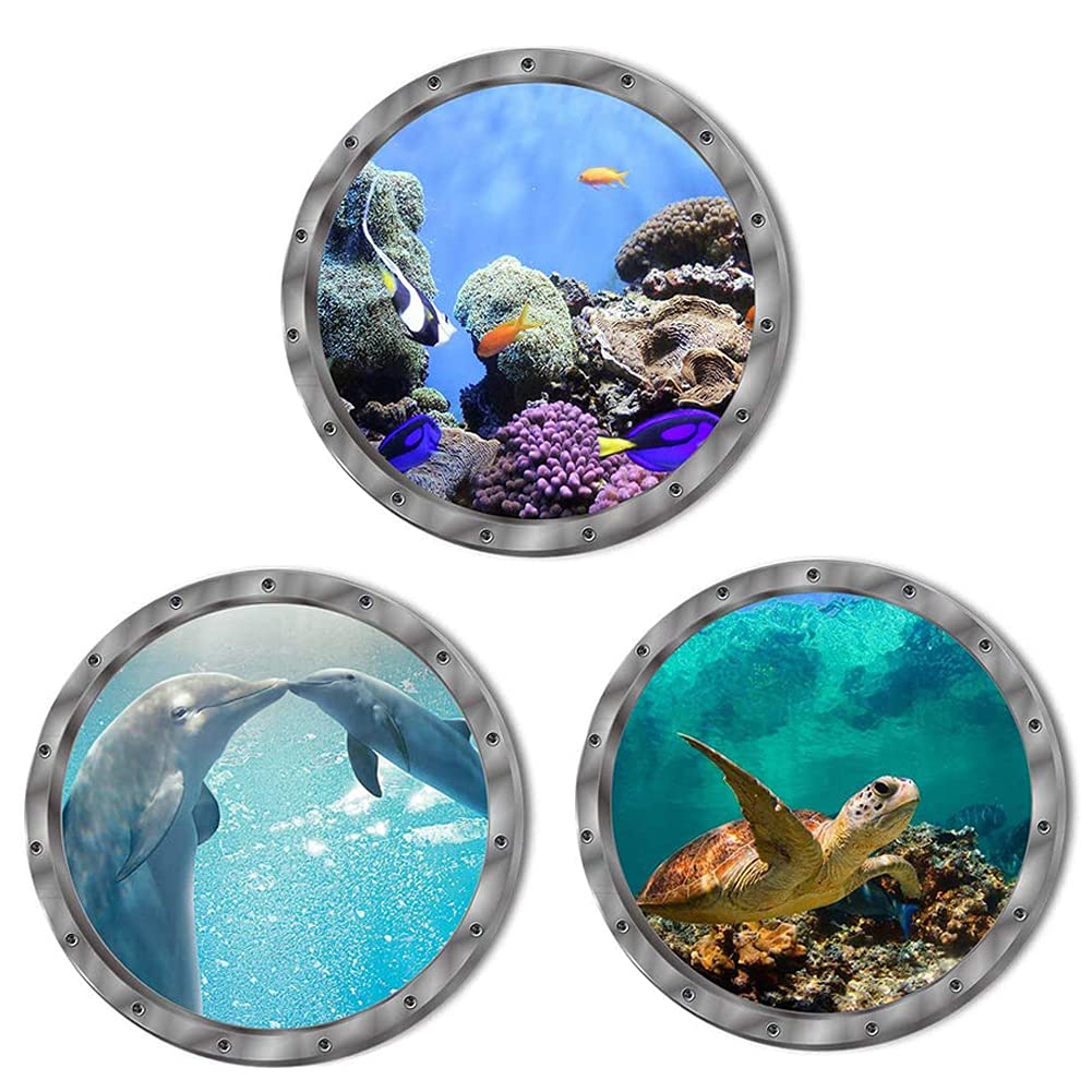 Porthole Stickers 3 Pcs Ocean World Wall Art Bathroom Sea Stickers Porthole Window Sticker 3D Under The Sea Nature Scenery Wall Decals