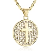 HZMAN 14K Gold Plated Necklace for Women Small Simple Round Cross Necklace Pendant Christian Faith Protection Jewelry Gift