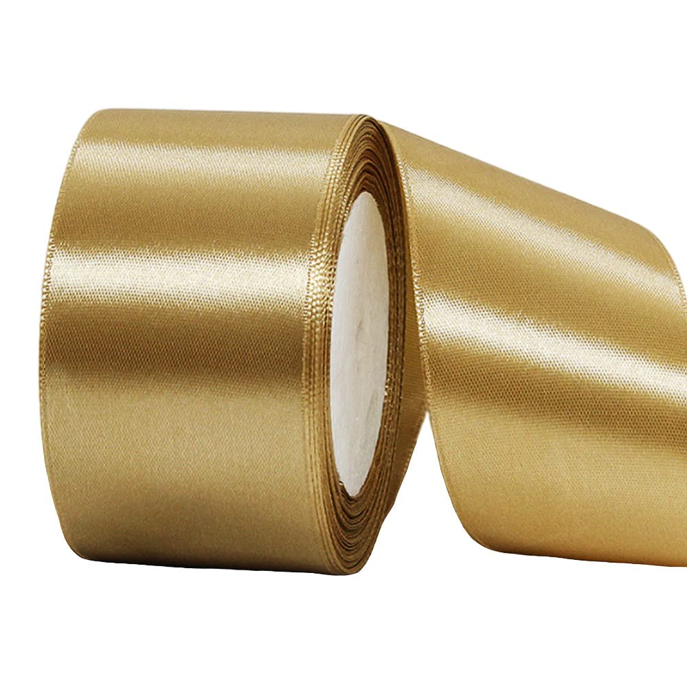 50mm Wide Thick Champagne Gold Ribbon for Gift Wrapping,22m 2Inch Large Fabric Satin Ribbon Gold Bow for Gift Wrapping,Ribbons for Crafting,Bouquets,Wedding Car,Presents,Cake,Christmas Decorations