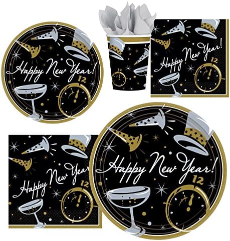 New Years Eve Black Tie Affair Party Pack for 25 - 50 Guests (Plates, Napkins, Cups - 372 total pieces)