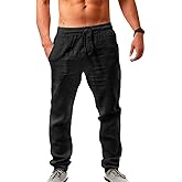 Puimentiua Mens Linen Pants Casual Drawstring Loose Lightweight Mens Pants Yoga Summer Beach Trousers