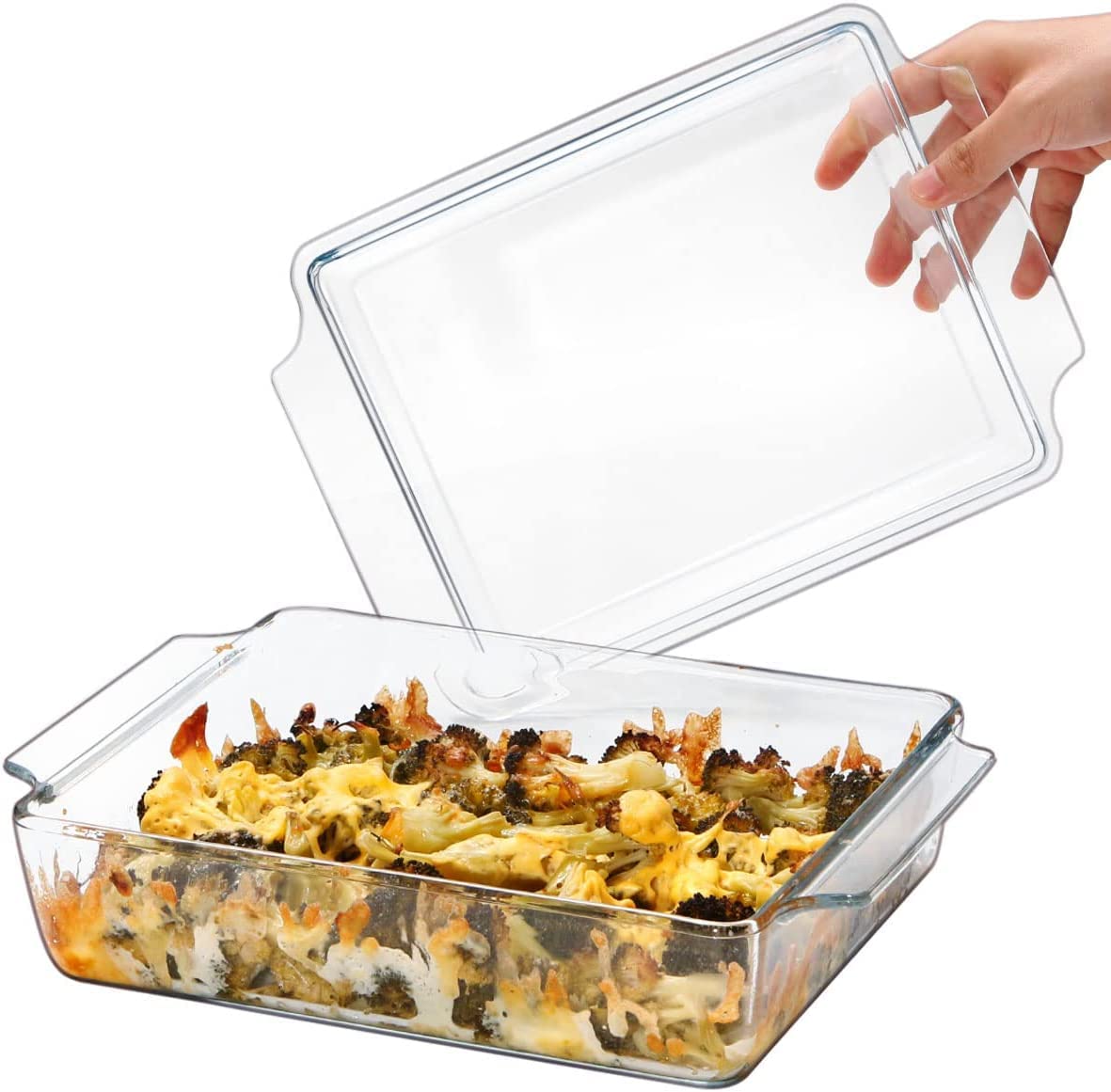 Rectangular Casserole Dish with Lid, 24x20x6cm 2L Lasagne Dishes for Oven, Glass Casserole for Two Person, Microwaveable, Oven Proof