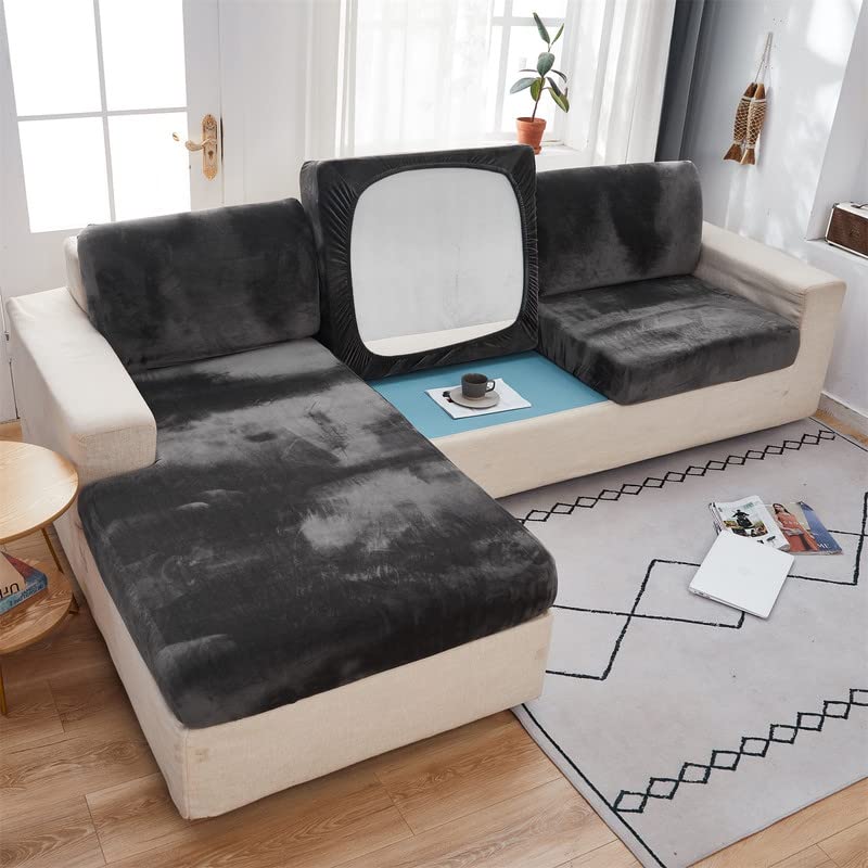 Soft Velvet Sofa Seat Cushion Cover - Stretch Anti Slip Sofa Cover Couch Cushion Covers for Sectional Sofa L Shape, Sofa Cushion Slipcover Furniture Protection (Dark Grey, Large Double Seat Cover)