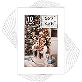 Mat Board Center, 10 Pack 5x7 for 4x6 White Photo Picture Mats - Acid Free, 4-ply Thickness, White Core - for Pictures, Photos, Framing