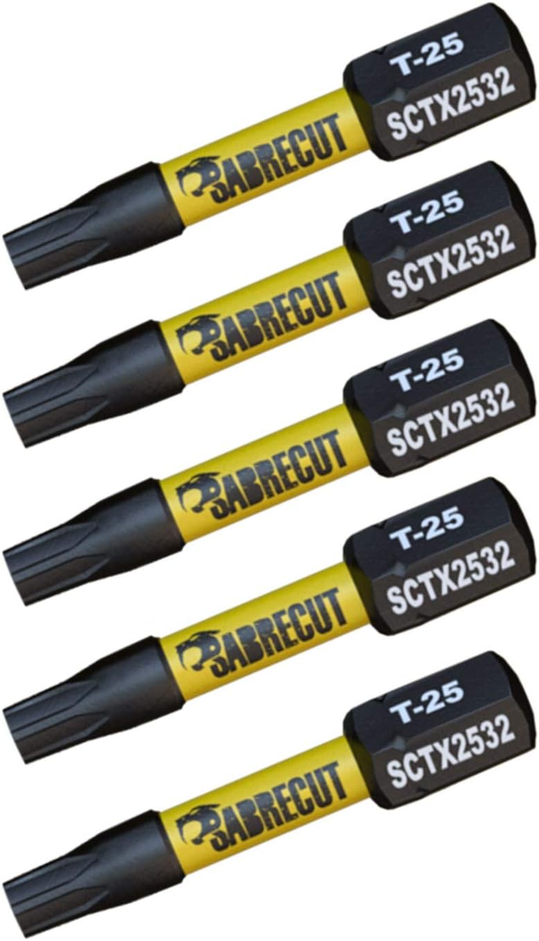 5 x SabreCut SCTX2532_5 32mm T25 TX25 Magnetic Impact Screwdriver Driver Bits Set Torx Heavy Duty, 1/4 inches