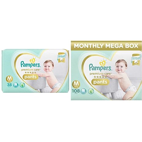 Pampers Premium Care Pants Diapers, Medium, 38 Count & Pampers Premium Care Pants Diapers Monthly Box Pack, Medium, 108 Count
