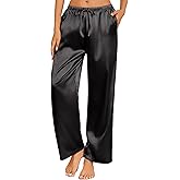 Ekouaer Womens Silk Satin Pajama Pants Casual Loose Lounge Pants Drawstring Elastic Waist Wide Leg Pj Bottoms with Pockets