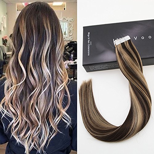 LaaVoo 18 inch Silky Straight Skin Weft Human Hair Extensions Piano Color #4 Dark Brown to Color #18 Ash Blonde PU Remy Human Hair Extension 50Grams Per Package