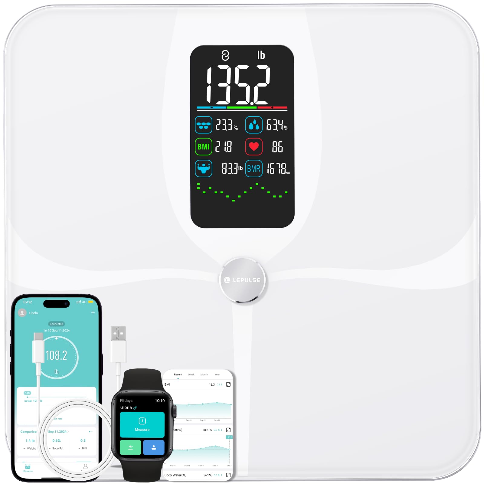 Photo 1 of Lepulse Smart Weight Scale With BMI Body Fat Muscle Mass, 4.68" Large Display With Trend, High Accurate 22 Composition Scale With Heart Rate, Bathroom Scale With App, White
