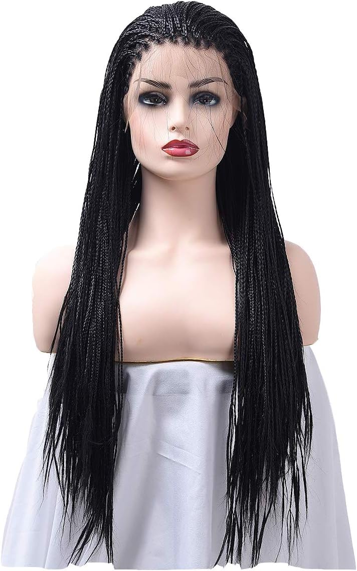 LOT ARTS 24 inches Braided Synthetic Lace Front Wigs Natural Black Heat Resistant Micro Braid Hair for Black Women