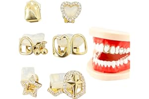 YAFIYGI 6Pcs Grillz for Women Gold Plated Grills Mouth Jewelry Kit Single Tooth Caps One Size Fits All Bling Jewels for Hip-Hop Fashion with Heart Hollow Rhinestones Star Cross Cherry