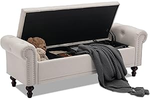 SOFTHION 58.1" Storage Bench Upholstered Linen End of Bedroom Bed Bench Ottoman with Tufted Cushioned Rolled Arm Large Storage Space for Reading Living Room Entryway, Beige