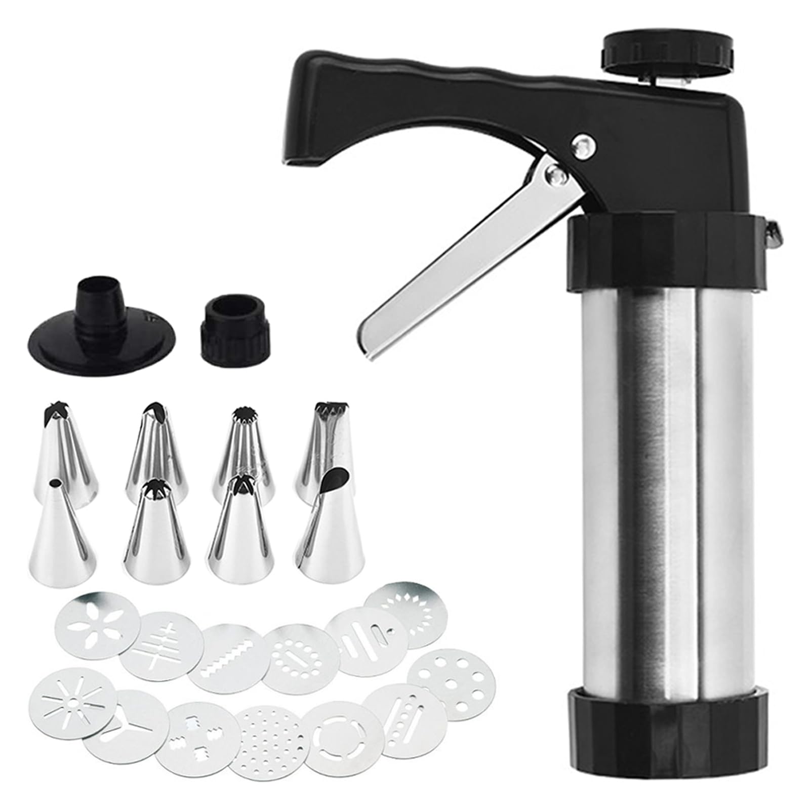 Bugucat Pastry Press, Stainless Steel Cookie Press, Icing Syringe Pastry Syringe Biscuit Maker, Biscuit Machine, Biscuit Press, DIY Baking Accessories, Decorating Syringe with 13 Stencils and 8