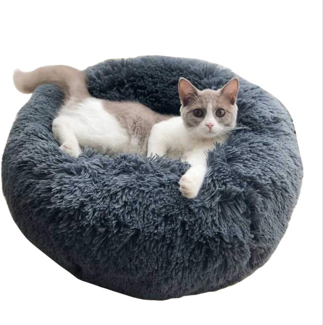 Detachable Calming Dog Bed & Cat Bed for Small Medium Dogs and Cats,Machine Washable Donut Cuddler Pet Beds Original Faux Fur Fluffy Round Donut Pet Bed (M, Grey)