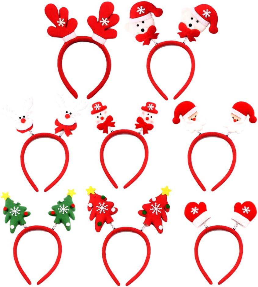 Lurrose 8pcs Christmas Head Boppers Santa Snowman Reindeer Antler Xmas Tree Gloves Decoration Headbands Hair Accessories for Christmas Party Favors