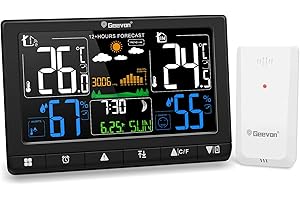 Geevon Weather Stations Wireless Indoor Outdoor Thermometer, Color VA Display Digital Temperature Humidity Monitor with Barom