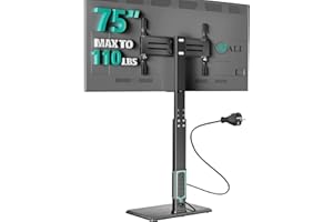 WALI Floor TV Stand with Power Outlet, Tall TV Stand Mount for 32-75 inch TV up to 110 lbs, Swivel and Height Adjustable TV Stands with Wood Base for Bedroom, Office(TVDVD-7P), Black