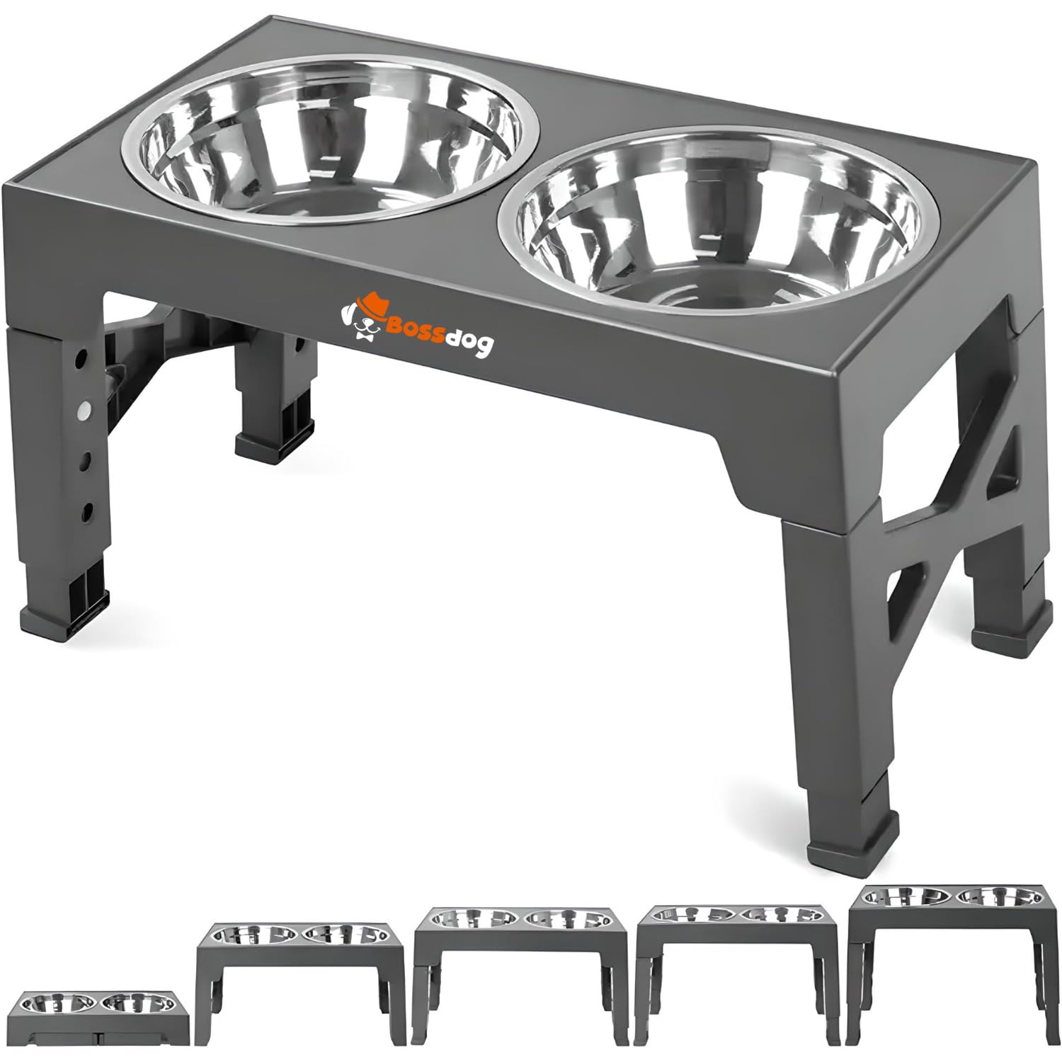 Bossdog Adjustable Elevated Dog Bowls With Stand | Premium Dog Feeding Station Raised Dog Bowl Stand With Adjustable Height and Non-Slip Design | Features Two Stainless Steel Dog Feeding Bowls (Grey)