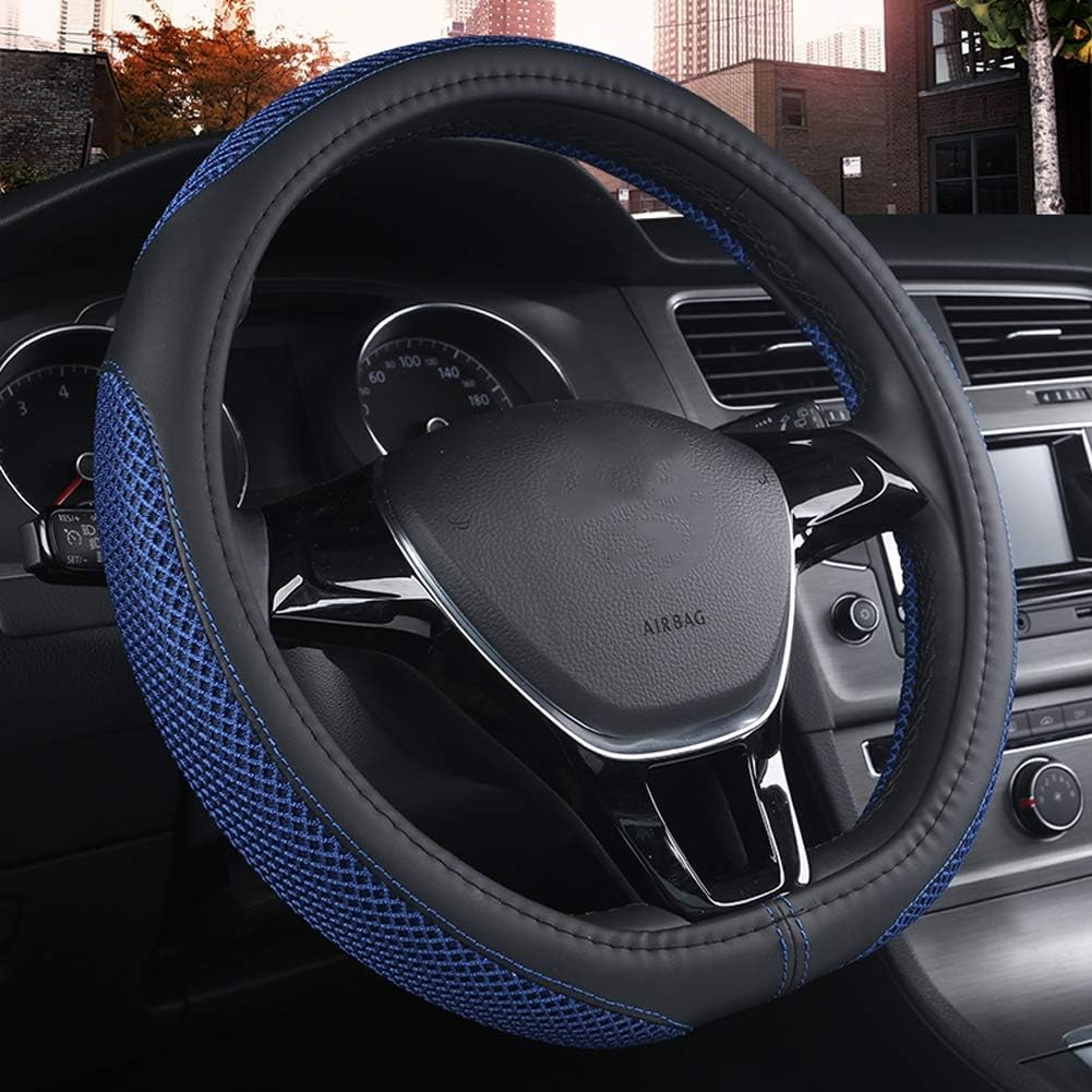 TTJZ Car Steering Wheel Cover D-Shaped Leather Breathable Mesh Anti-Skid Wheel Protector 15In/38Cm, Suitable for Car/SUV,Blue